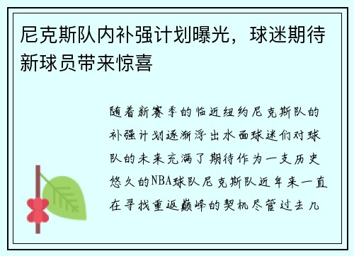 尼克斯队内补强计划曝光，球迷期待新球员带来惊喜